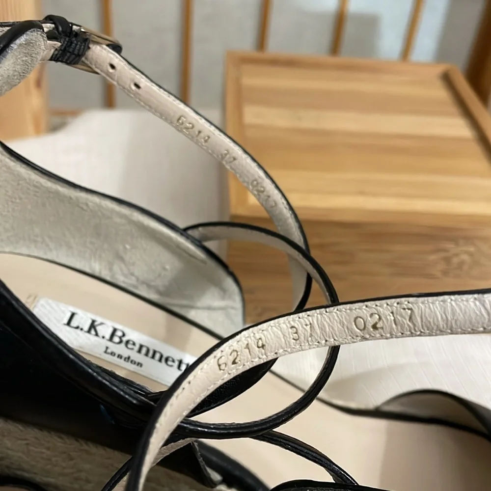 L.K. Bennett Black Leather Nellie Peep Toe Espadrille Wedge Heel EU 37.5 /US 7 - Picture 9 of 16